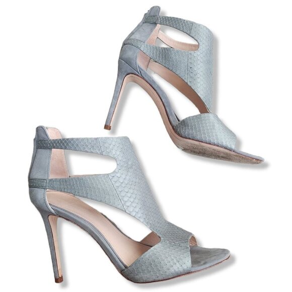 AD & Daughters Armistead Sz 8 Embossed Snake Suede Grey Leather Peep Toe Heels - Picture 5 of 10